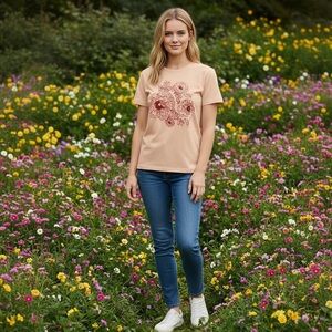 NWOT Donna Karan Peach Embroidery,Hand Beaded Short Sleeve Top     size Small